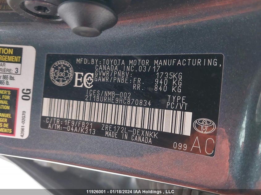 2017 Toyota Corolla L/Le/Xle/Se/Xse VIN: 2T1BURHE9HC870834 Lot: 11926001