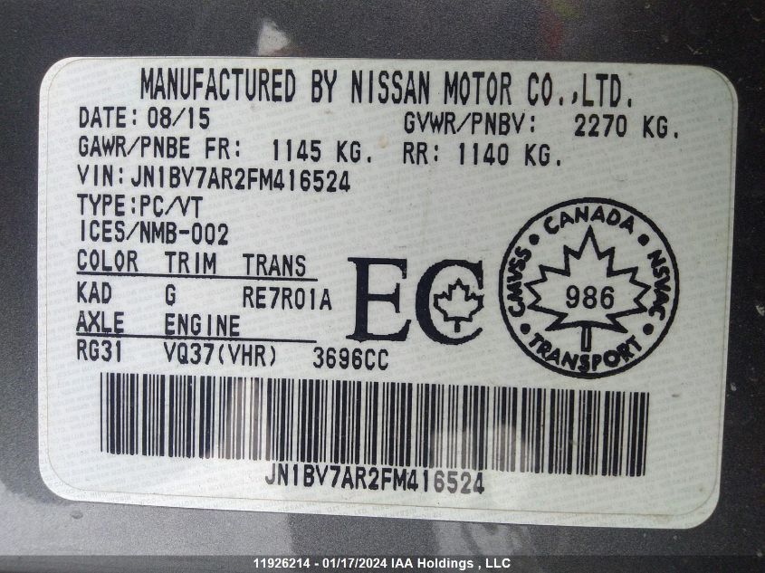 2015 Infiniti Q50 VIN: JN1BV7AR2FM416524 Lot: 39236789