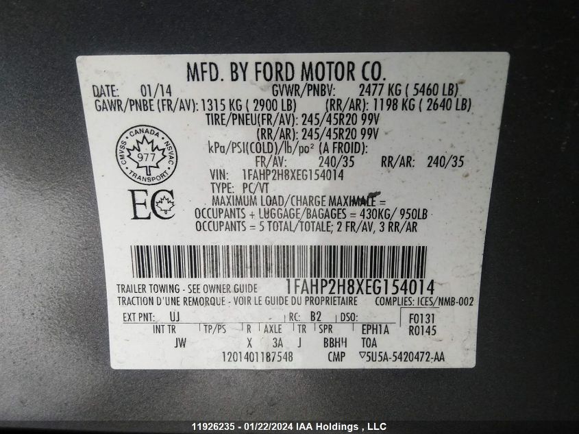 1FAHP2H8XEG154014 2014 Ford Taurus