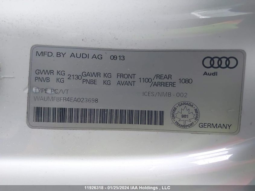 2014 Audi A5 VIN: WAUMFBFR4EA023698 Lot: 11926318