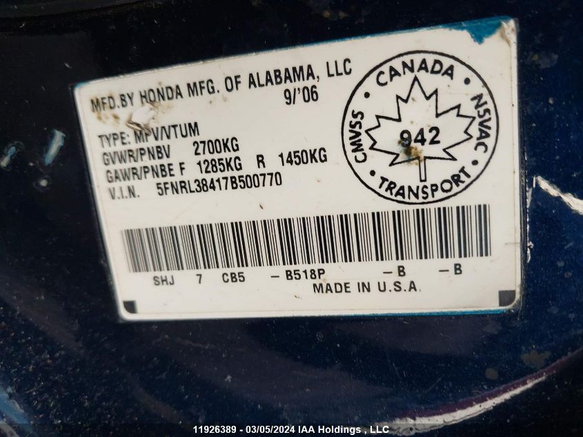 2007 Honda Odyssey VIN: 5FNRL38417B500770 Lot: 11926389