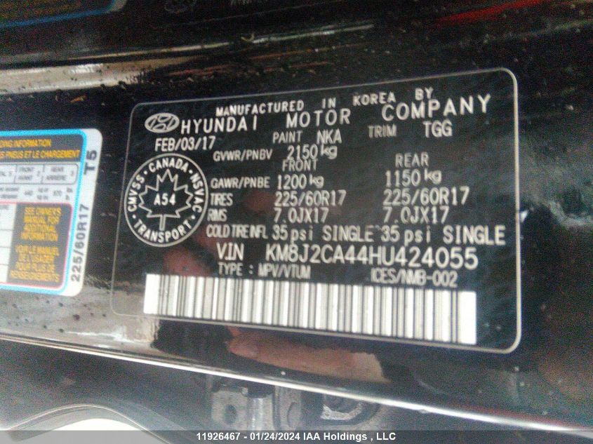 2017 Hyundai Tucson Se VIN: KM8J2CA44HU424055 Lot: 11926467