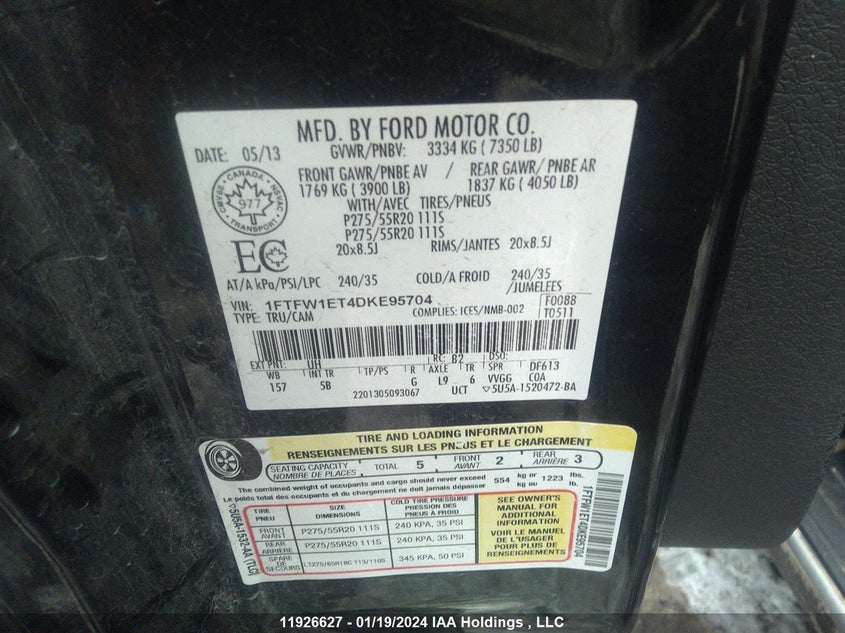 2013 Ford F150 Supercrew VIN: 1FTFW1ET4DKE95704 Lot: 11926627