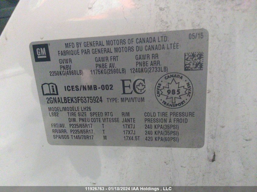 2015 Chevrolet Equinox Lt VIN: 2GNALBEK3F6375924 Lot: 11926763