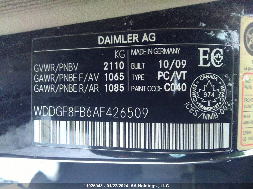 2010 Mercedes-Benz C-Class VIN: WDDGF8FB6AF426509 Lot: 11926943