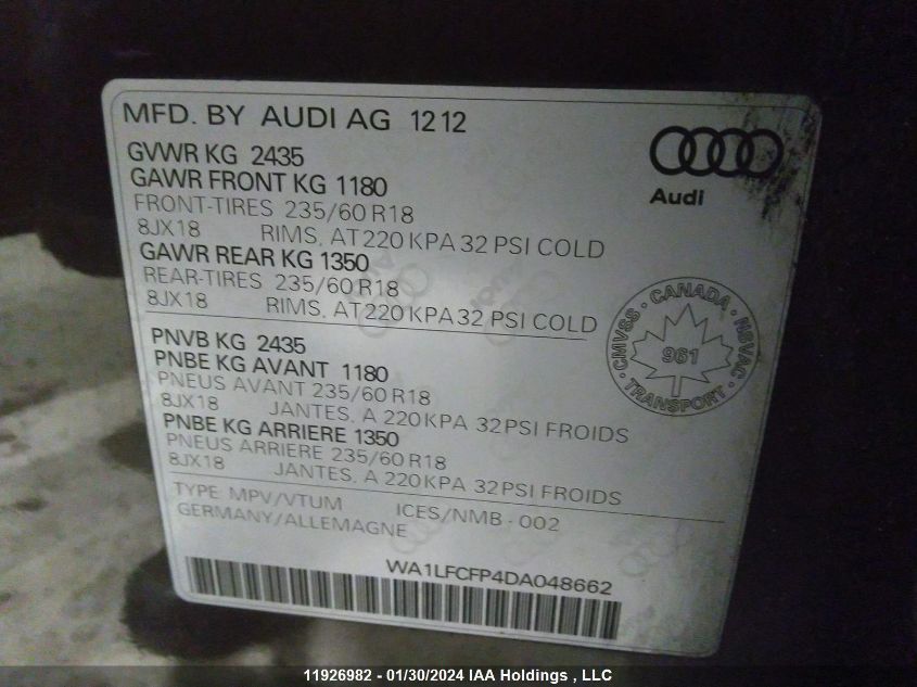 2013 Audi Q5 VIN: WA1LFCFP4DA048662 Lot: 11926982