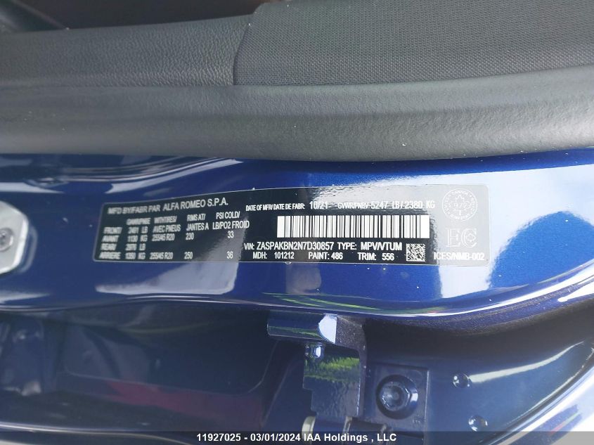 2022 Alfa Romeo Stelvio Ti Awd VIN: ZASPAKBN2N7D30857 Lot: 11927025