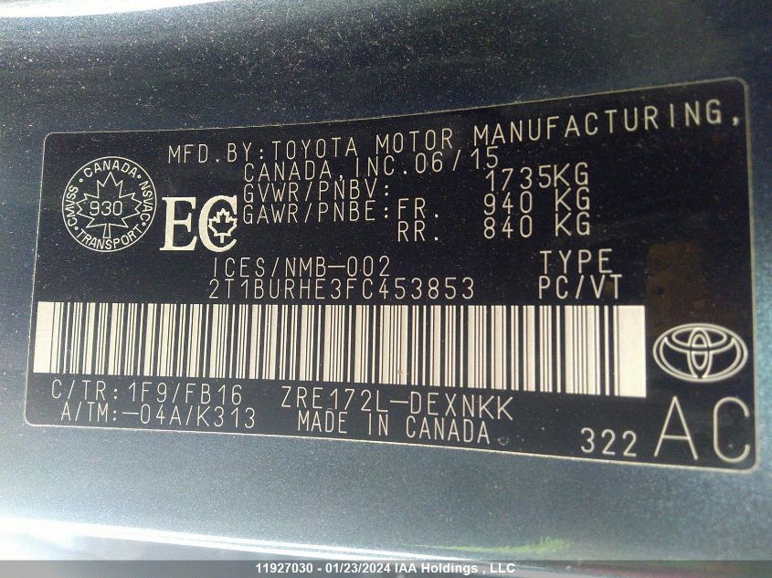 2T1BURHE3FC453853 2015 Toyota Corolla Le