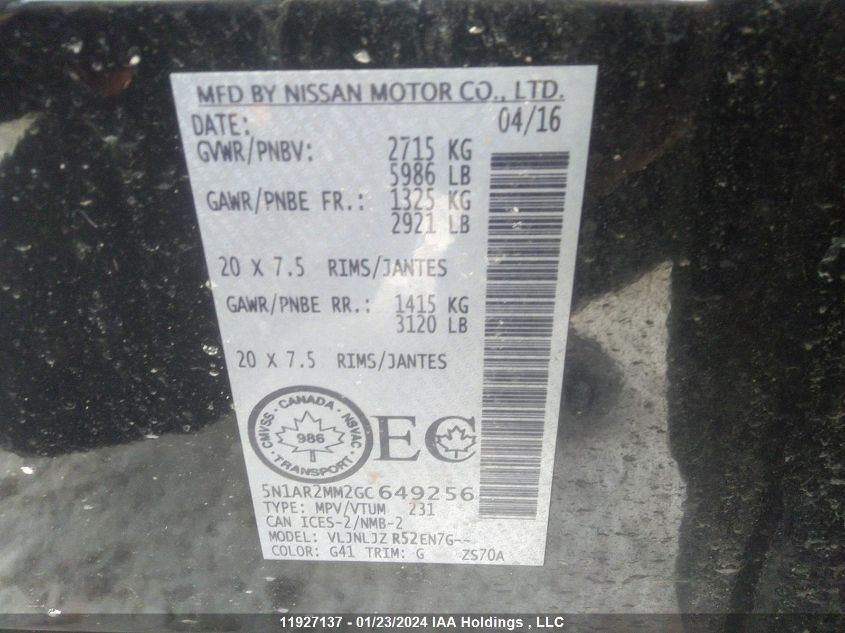 2016 Nissan Pathfinder VIN: 5N1AR2MM2GC649256 Lot: 11927137