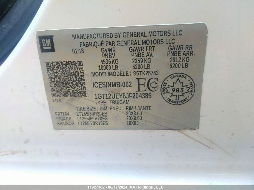 2018 GMC Sierra 2500Hd VIN: 1GT12UEY8JF204385 Lot: 11927302