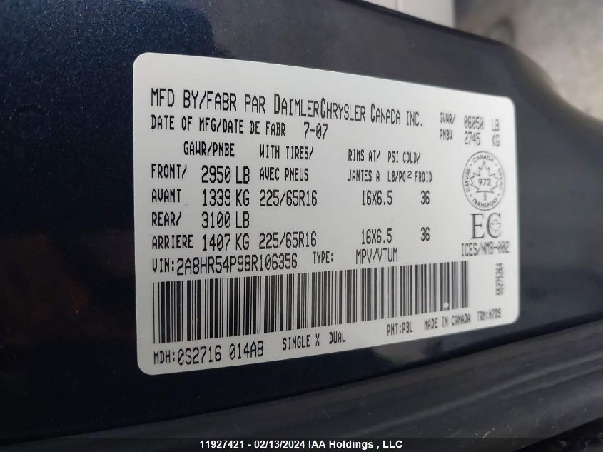 2008 Chrysler Town & Country Touring VIN: 2A8HR54P98R106356 Lot: 11927421