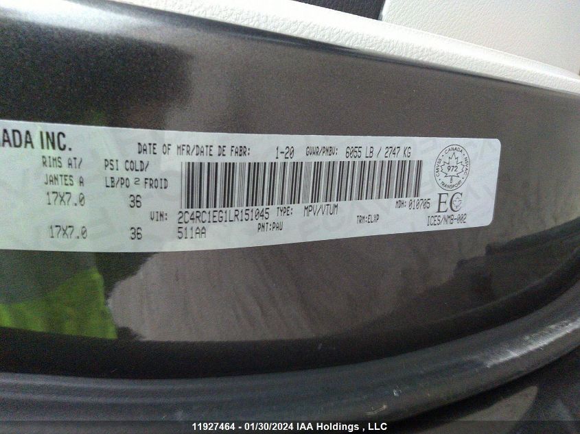 2020 Chrysler Pacifica VIN: 2C4RC1EG1LR151045 Lot: 11927464