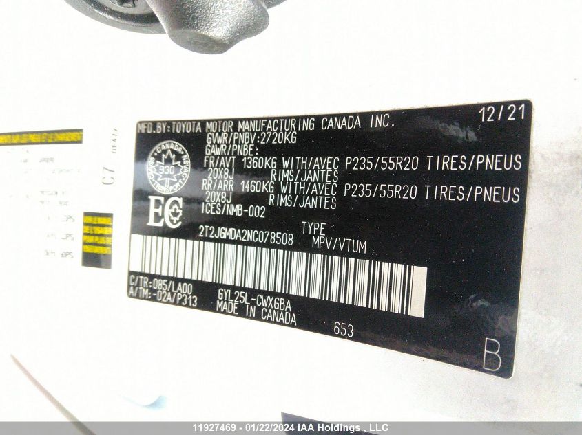 2022 Lexus Rx 450H VIN: 2T2JGMDA2NC078508 Lot: 11927469