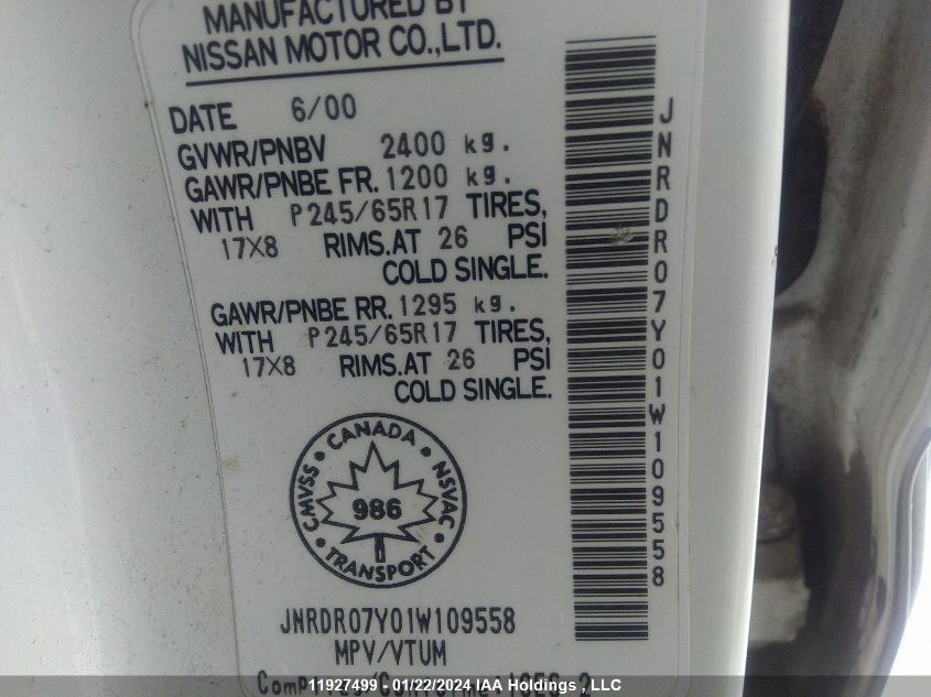 JNRDR07Y01W109558 2001 Infiniti Qx4