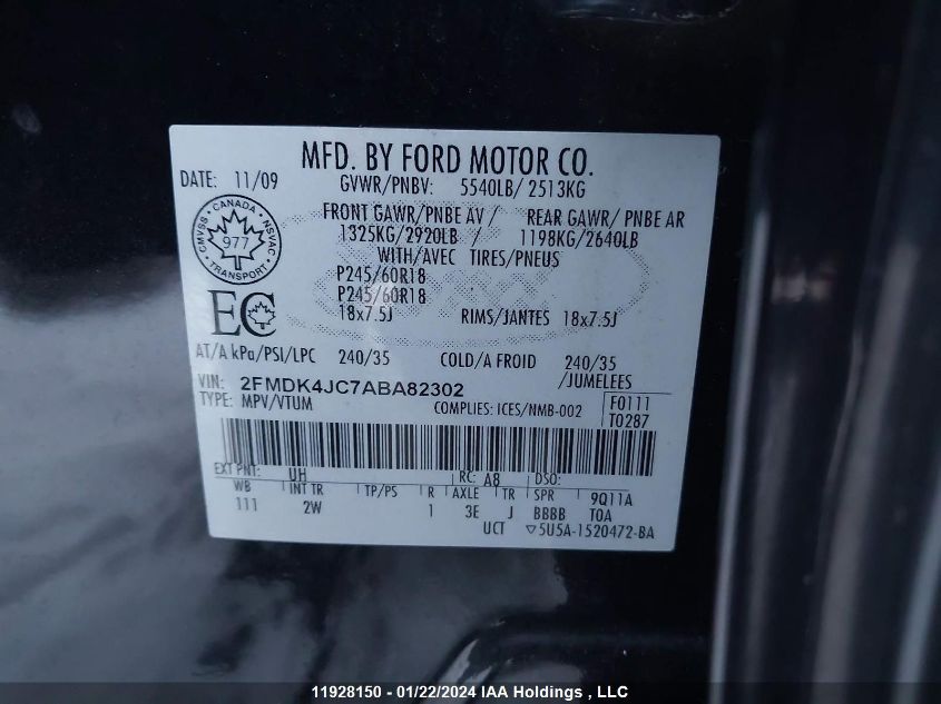 2010 Ford Edge VIN: 2FMDK4JC7ABA82302 Lot: 39240612