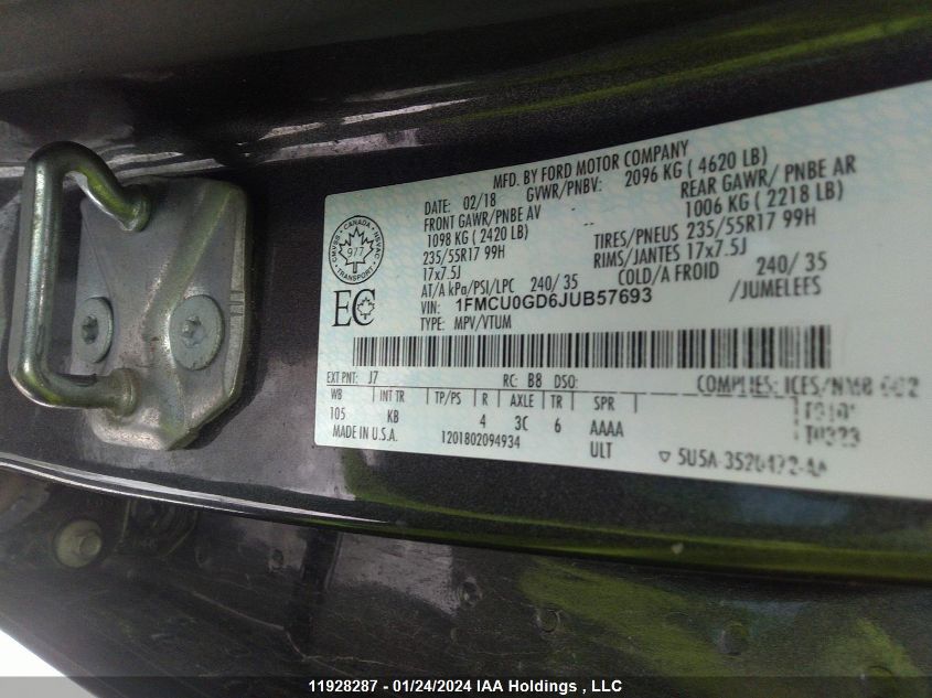 2018 Ford Escape Se VIN: 1FMCU0GD6JUB57693 Lot: 11928287