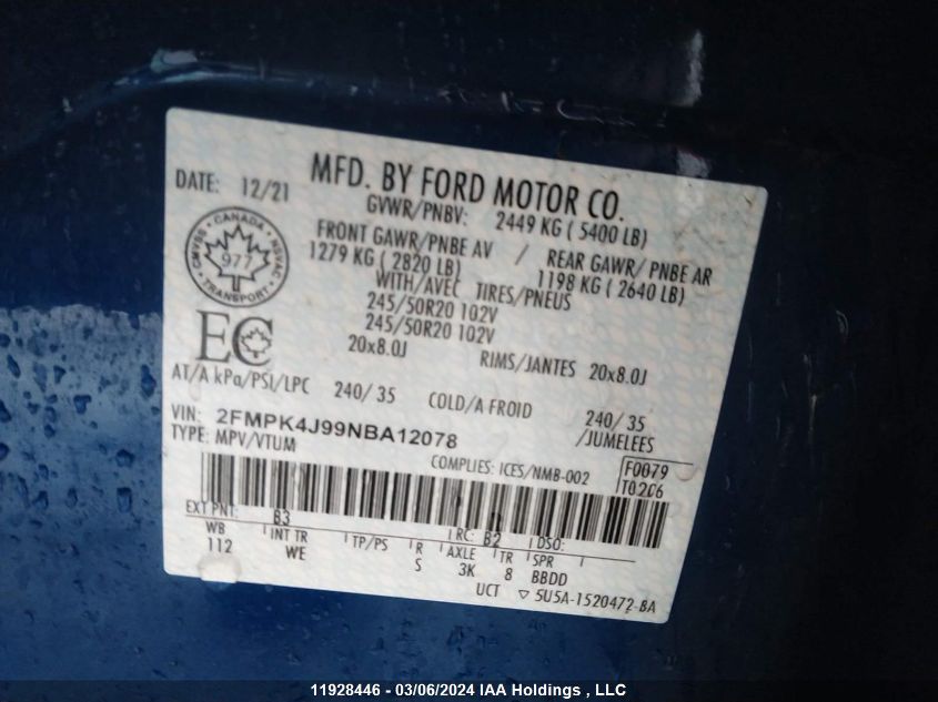 2022 Ford Edge VIN: 2FMPK4J99NBA12078 Lot: 11928446