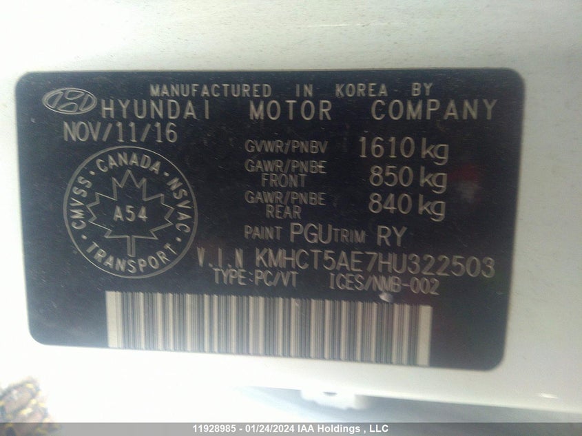2017 Hyundai Accent VIN: KMHCT5AE7HU322503 Lot: 11928985