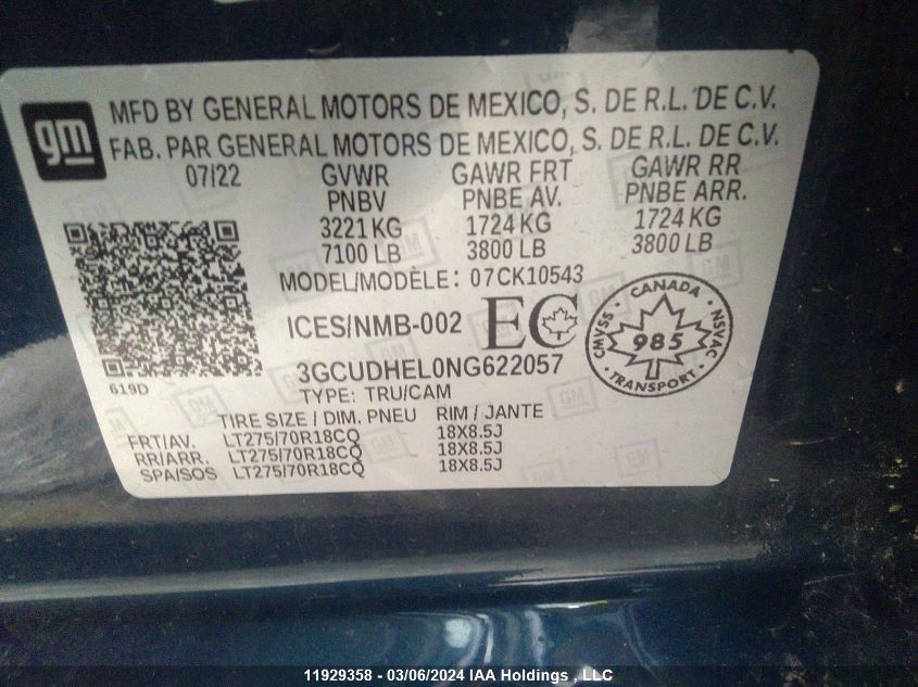 2022 Chevrolet Silverado 1500 VIN: 3GCUDHEL0NG622057 Lot: 11929358