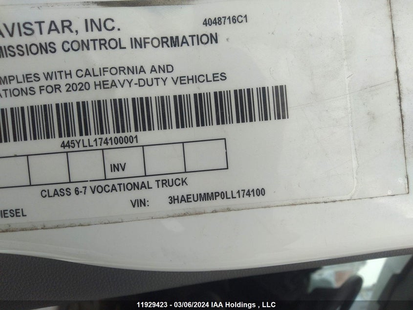 2020 International Mv VIN: 3HAEUMMP0LL174100 Lot: 11929423