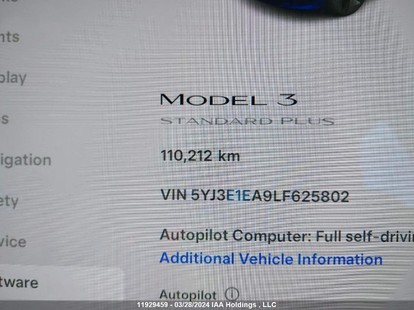 2020 Tesla Model 3 VIN: 5YJ3E1EA9LF625802 Lot: 11929459