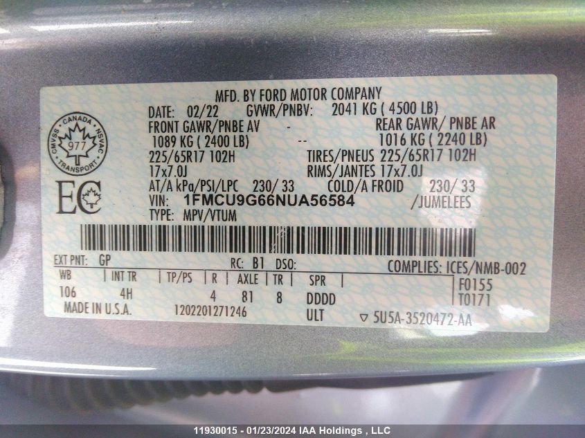 2022 Ford Escape Se VIN: 1FMCU9G66NUA56584 Lot: 11930015