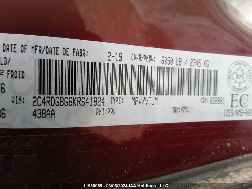 2019 Dodge Grand Caravan Se VIN: 2C4RDGBG6KR641824 Lot: 11930069