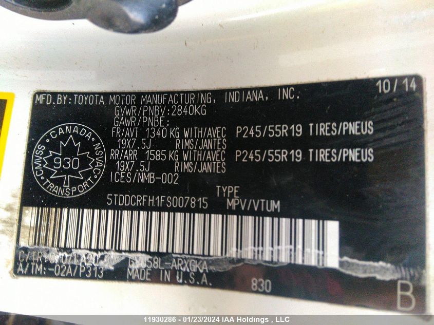 2015 Toyota Highlander Hybrid Ltd Platinum VIN: 5TDDCRFH1FS007815 Lot: 11930286