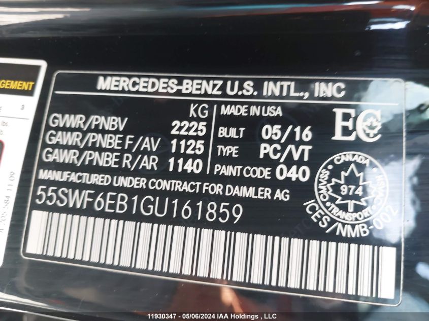 2016 Mercedes-Benz C 450 4Mati Amg VIN: 55SWF6EB1GU161859 Lot: 11930347