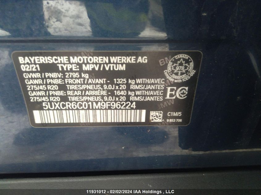 2021 BMW X5 VIN: 5UXCR6C01M9F96224 Lot: 11931012