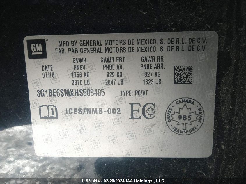 2017 Chevrolet Cruze VIN: 3G1BE6SMXHS508485 Lot: 11931414