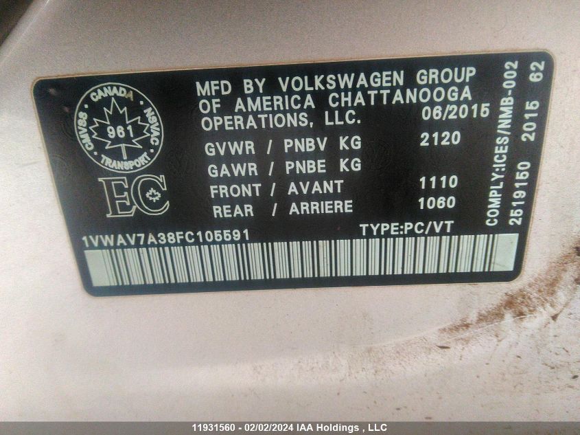 2015 Volkswagen Passat VIN: 1VWAV7A38FC105591 Lot: 11931560