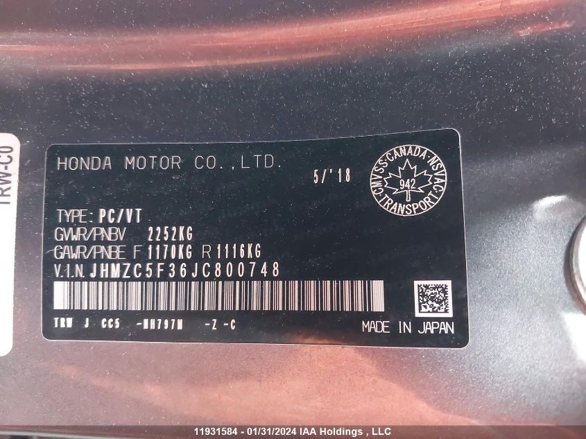2018 Honda Clarity VIN: JHMZC5F36JC800748 Lot: 11931584