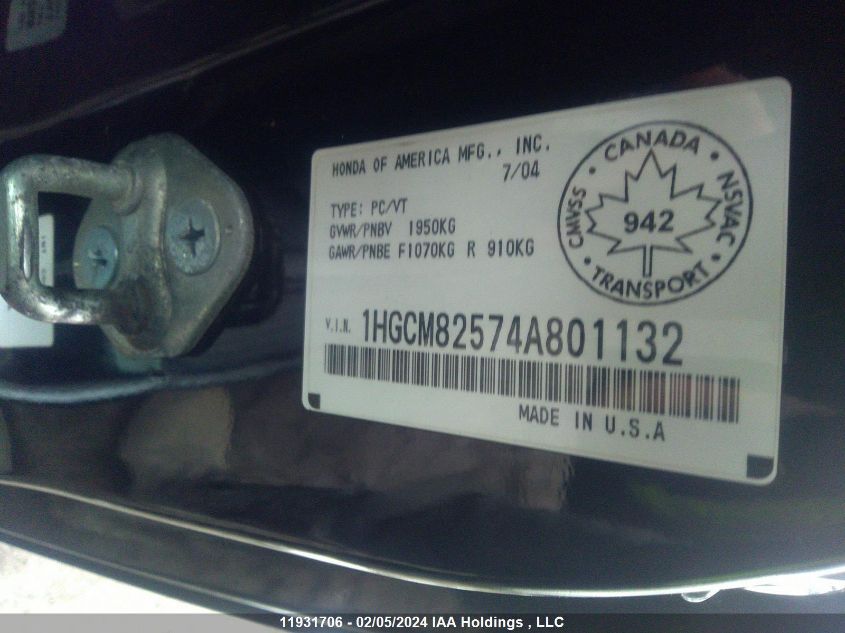 2004 Honda Accord VIN: 1HGCM82574A801132 Lot: 11931706