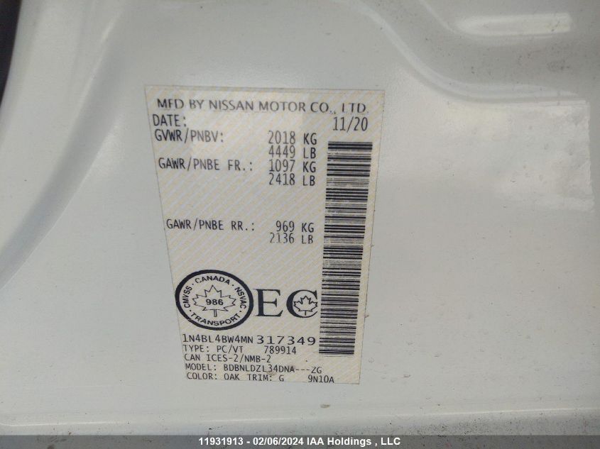 2021 Nissan Altima S VIN: 1N4BL4BW4MN317349 Lot: 11931913