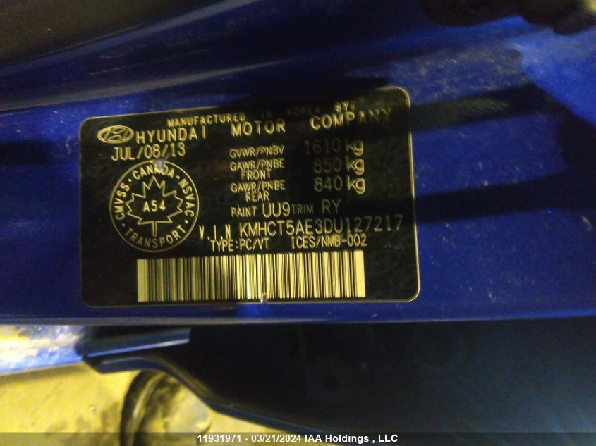 2013 Hyundai Accent Gls/Gs VIN: KMHCT5AE3DU127217 Lot: 11931971