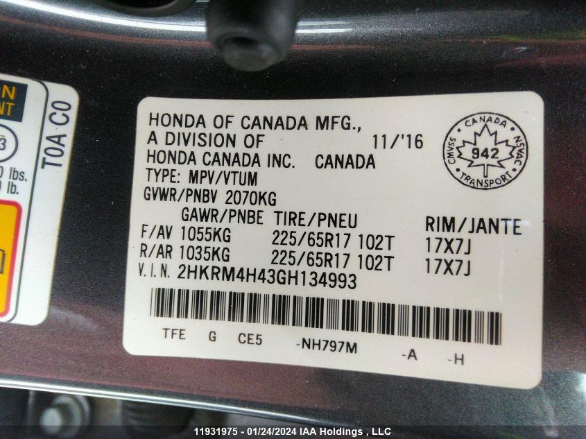 2HKRM4H43GH134993 2016 Honda Cr-V