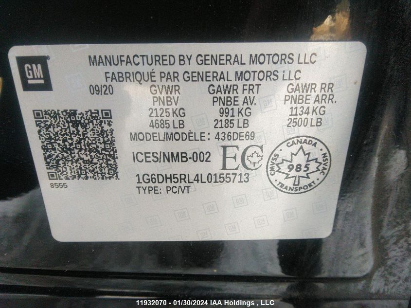 2020 Cadillac Ct4 VIN: 1G6DH5RL4L0155713 Lot: 11932070