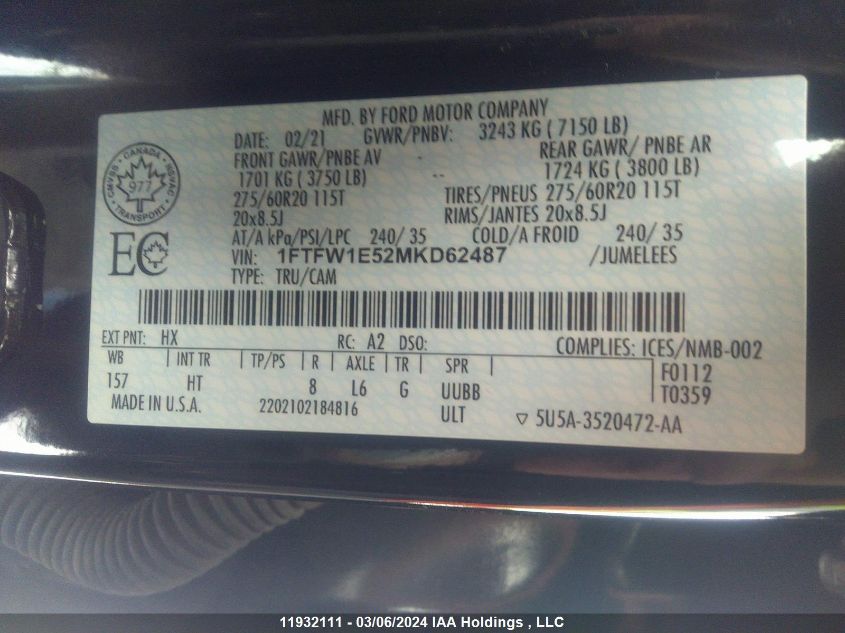 2021 Ford F-150 VIN: 1FTFW1E52MKD62487 Lot: 11932111