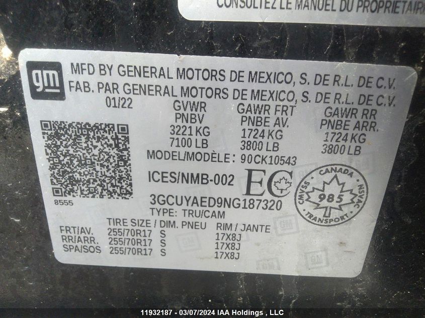 2022 Chevrolet Silverado 1500 Ltd VIN: 3GCUYAED9NG187320 Lot: 11932187