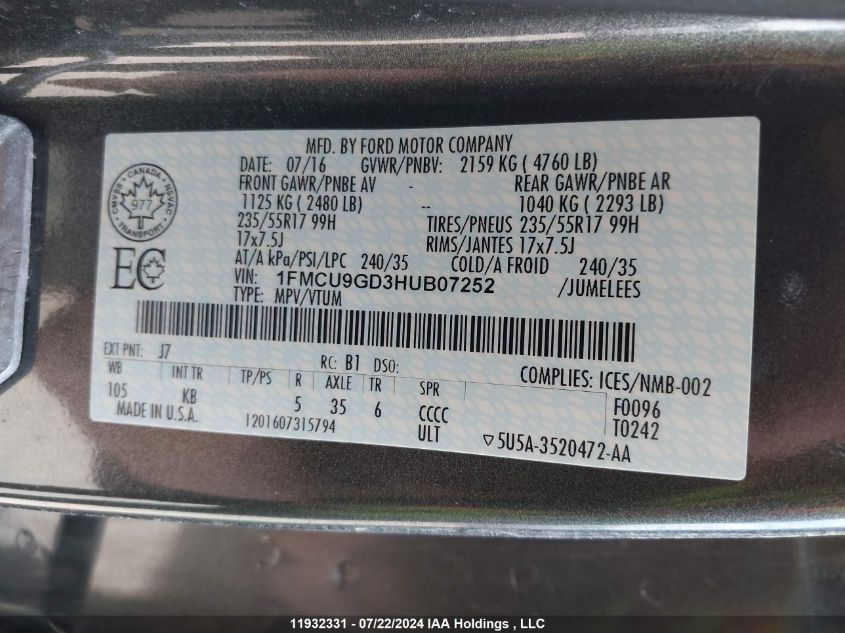 2017 Ford Escape Se VIN: 1FMCU9GD3HUB07252 Lot: 11932331