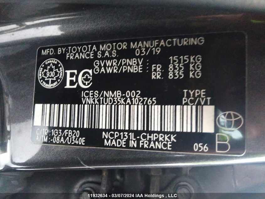 2019 Toyota Yaris VIN: VNKKTUD35KA102765 Lot: 11932634