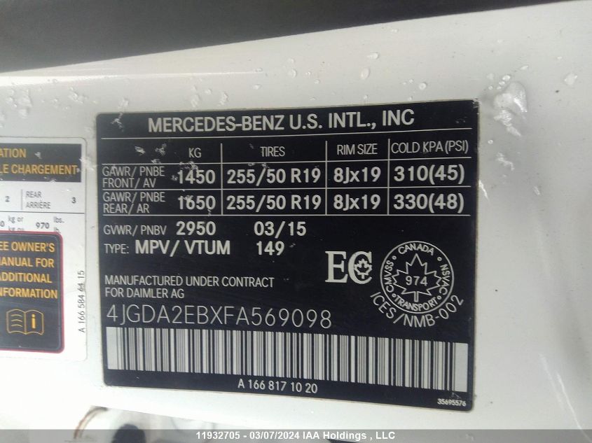 2015 Mercedes-Benz M-Class VIN: 4JGDA2EBXFA569098 Lot: 11932705