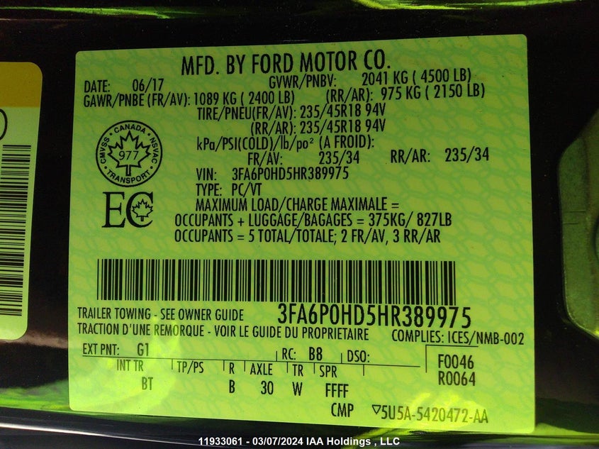 2017 Ford Fusion Se VIN: 3FA6P0HD5HR389975 Lot: 11933061