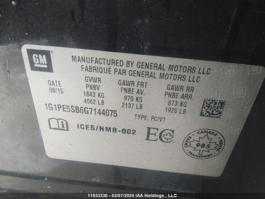 2016 Chevrolet Cruze VIN: 1G1PE5SB6G7144075 Lot: 11933330