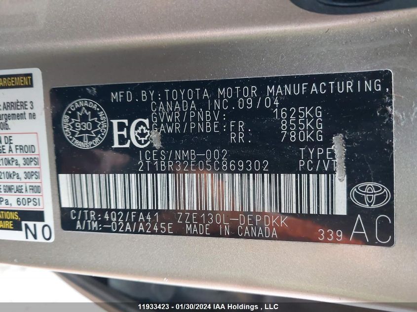 2005 Toyota Corolla Ce/Le/S VIN: 2T1BR32E05C869302 Lot: 11933423