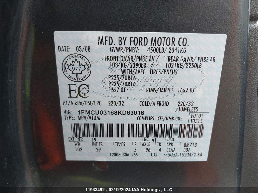 2008 Ford Escape VIN: 1FMCU03168KD63016 Lot: 11933492