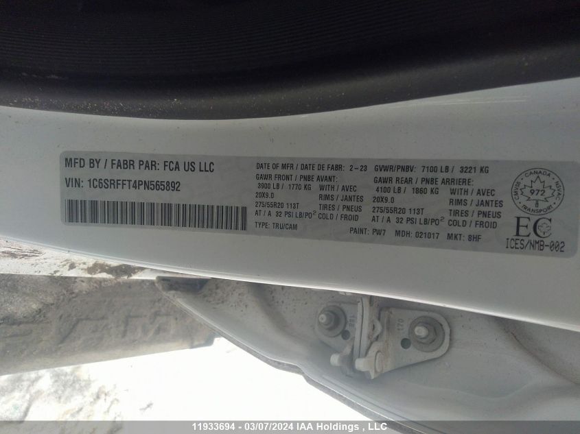 2023 Ram 1500 Big Horn/Lone Star VIN: 1C6SRFFT4PN565892 Lot: 11933694