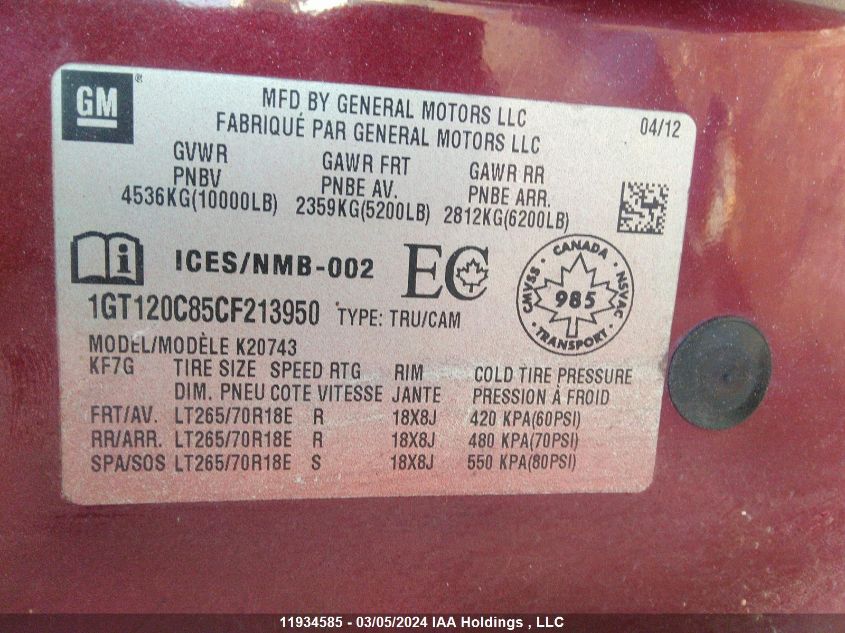 2012 GMC Sierra 2500Hd VIN: 1GT120C85CF213950 Lot: 11934585
