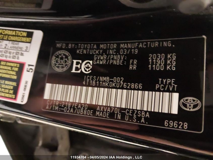 2019 Toyota Camry L/Le/Xle/Se/Xse VIN: 4T1B11HK0KU762866 Lot: 11934704